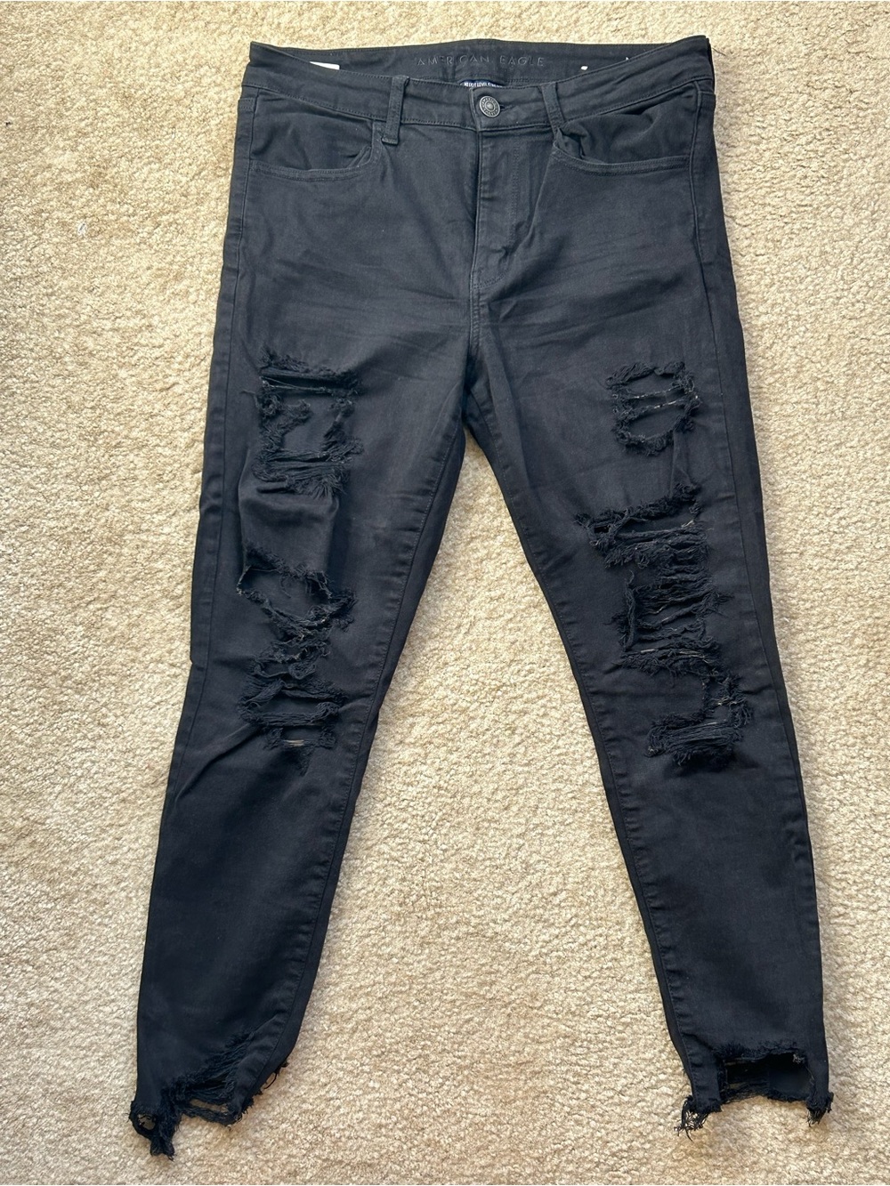 American Eagle Next Level Stretch Black Distressed Skinny Jeans Women’s Size 12